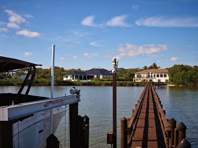 view of dock with a water view and a residential view