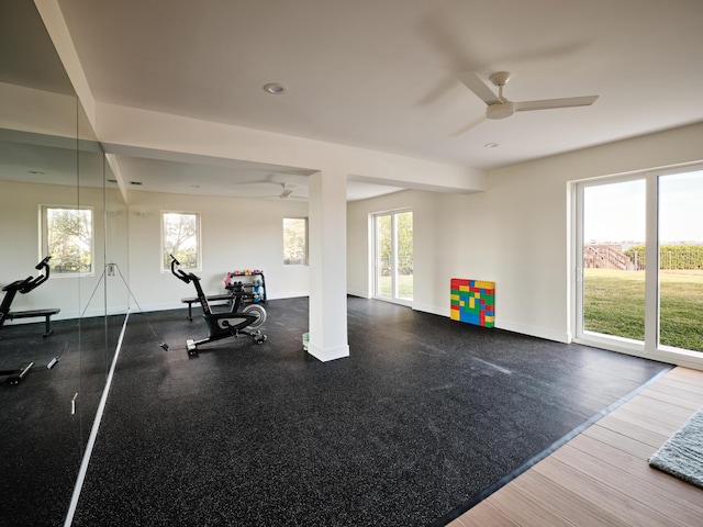 workout room with ceiling fan