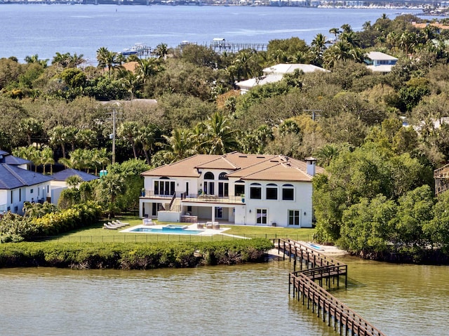 aerial view featuring a water view