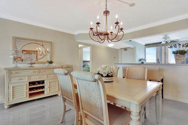 dining space with ornamental molding and ceiling fan with notable chandelier