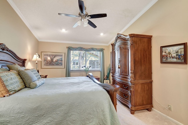 bedroom with light carpet, ceiling fan, ornamental molding, and baseboards