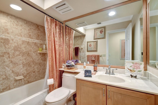 full bath featuring toilet, visible vents, shower / bath combo with shower curtain, and vanity