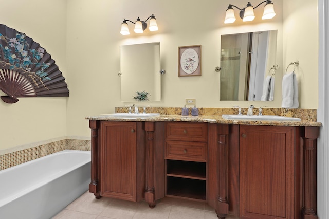 bathroom with vanity, separate shower and tub, and tile patterned floors