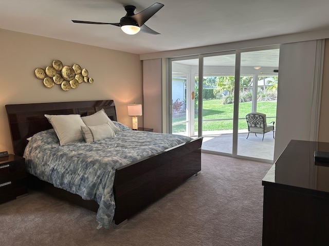 carpeted bedroom with access to outside and ceiling fan