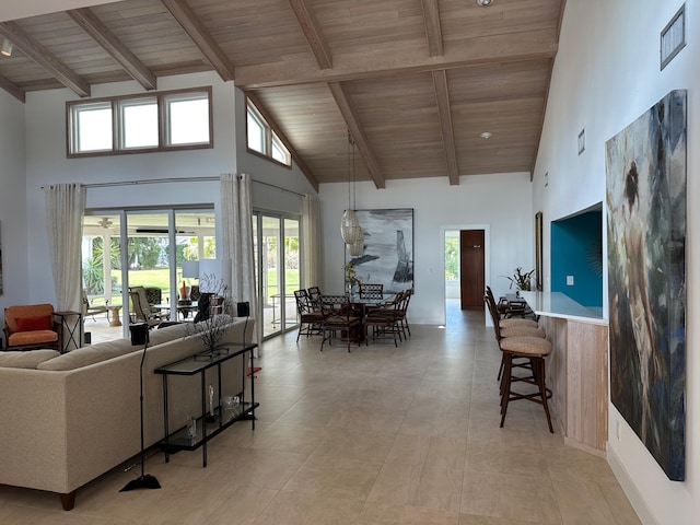 living room featuring beam ceiling, high vaulted ceiling, and wood ceiling