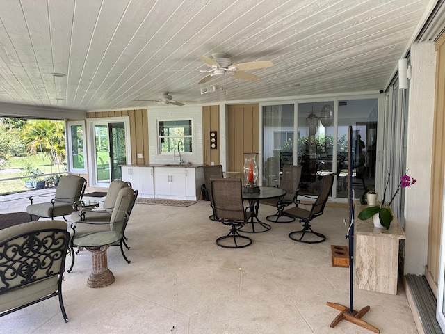 sunroom / solarium with sink, wooden ceiling, and ceiling fan