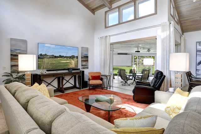 living room featuring beam ceiling, high vaulted ceiling, and wooden ceiling