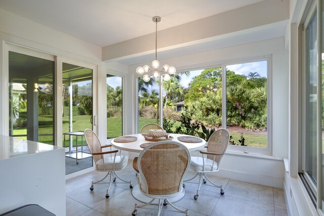 tiled dining room featuring high vaulted ceiling, beam ceiling, wooden ceiling, and french doors