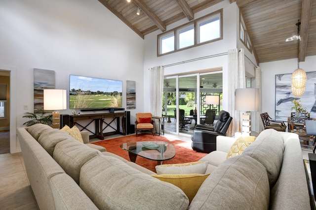 living room featuring beam ceiling, high vaulted ceiling, and wooden ceiling