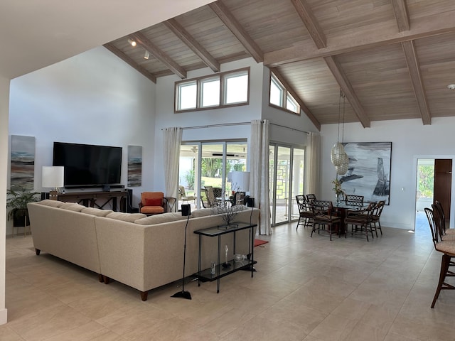 living room with high vaulted ceiling, beam ceiling, and wooden ceiling