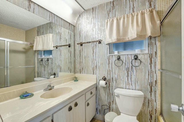 bathroom with vanity, a shower with shower door, tile walls, and a textured ceiling