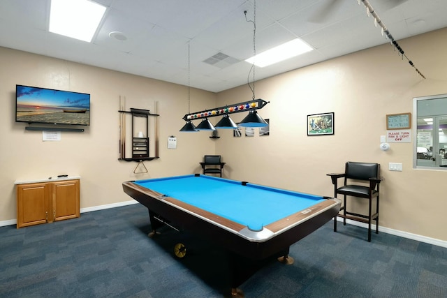 rec room with billiards and dark colored carpet