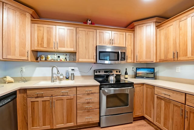 kitchen featuring stainless steel appliances, light hardwood / wood-style floors, and sink