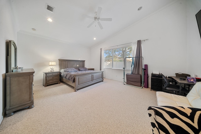 bedroom with ceiling fan, ornamental molding, vaulted ceiling, and light carpet