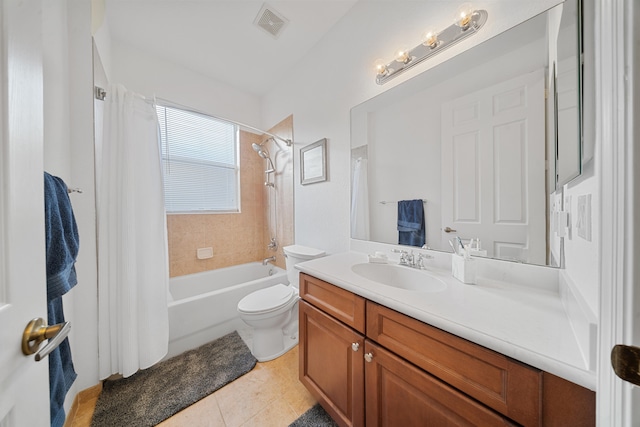 full bathroom with vanity, shower / bathtub combination with curtain, tile patterned floors, and toilet