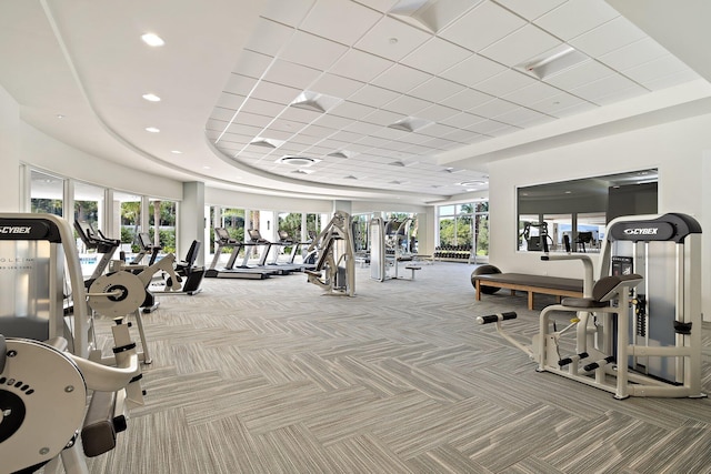 gym with a raised ceiling and light carpet