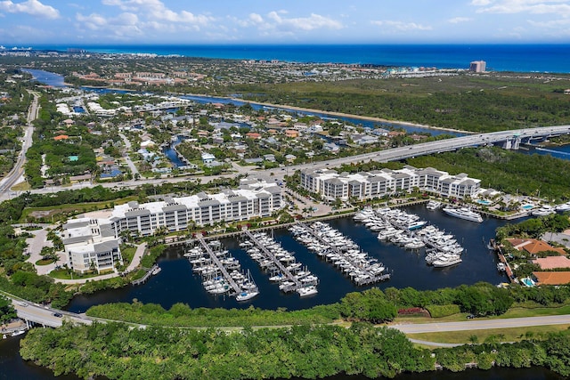 bird's eye view with a water view