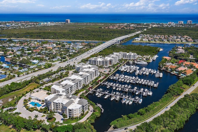 drone / aerial view with a water view