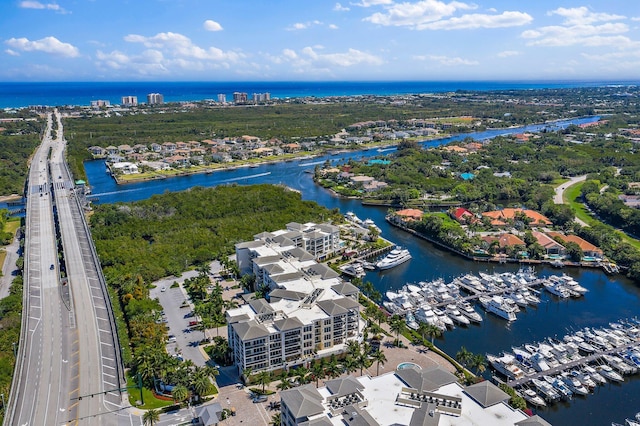 bird's eye view with a water view