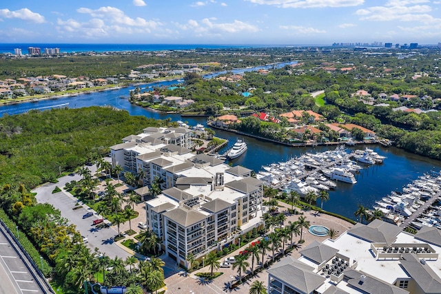 drone / aerial view featuring a water view