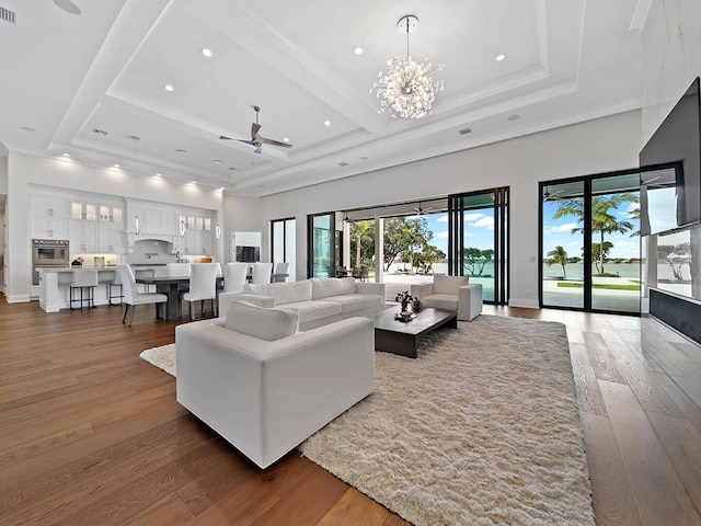 living room with dark wood-type flooring, a healthy amount of sunlight, and a tray ceiling