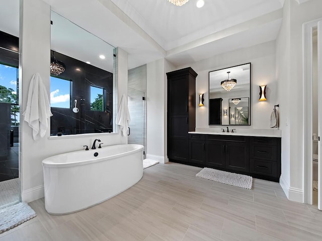 bathroom featuring vanity and separate shower and tub