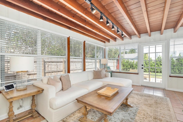 sunroom / solarium featuring plenty of natural light, wooden ceiling, and beamed ceiling