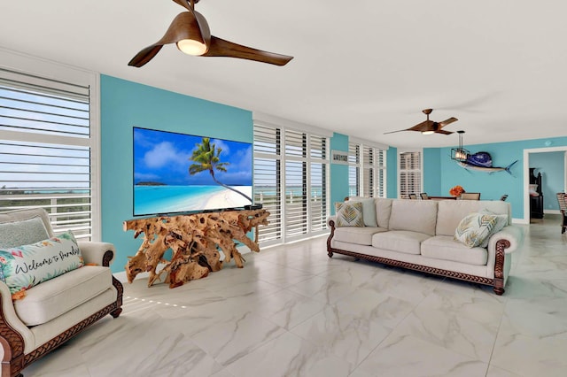 living room with ceiling fan