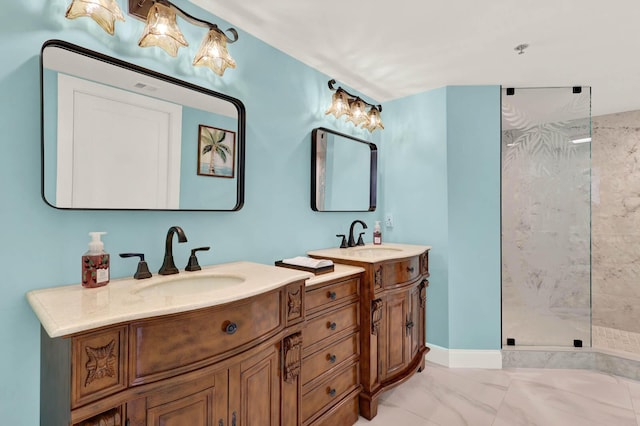 bathroom with vanity and a tile shower