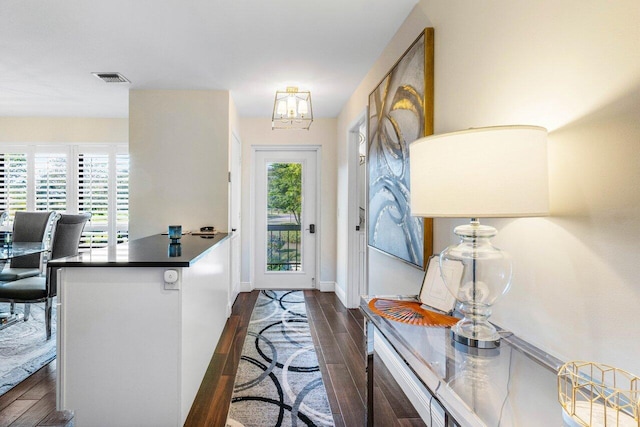 entrance foyer featuring plenty of natural light, dark wood-type flooring, and a chandelier