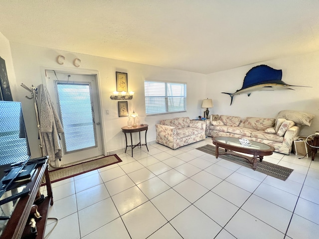 living room with light tile patterned flooring