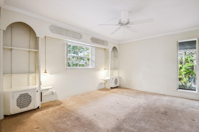 spare room with ornamental molding, carpet, and a wealth of natural light