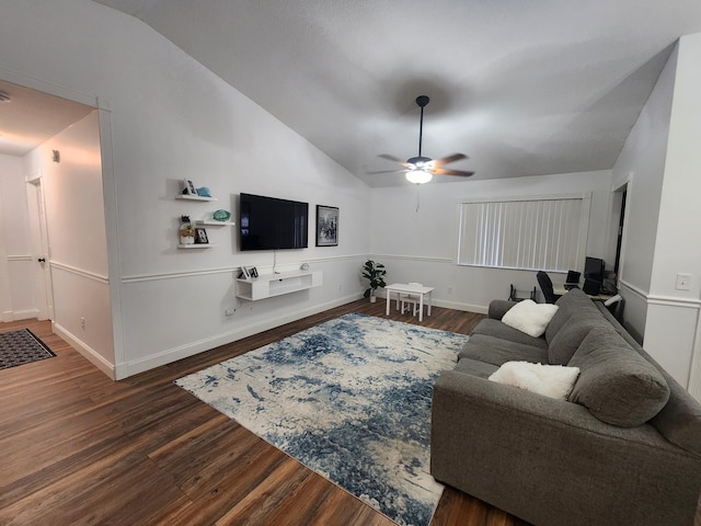 living room with lofted ceiling, dark hardwood / wood-style floors, and ceiling fan