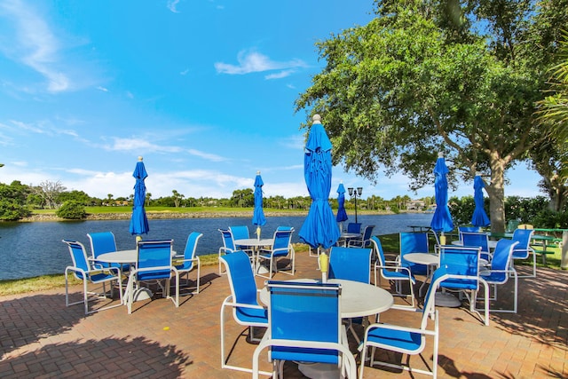 view of patio with a water view