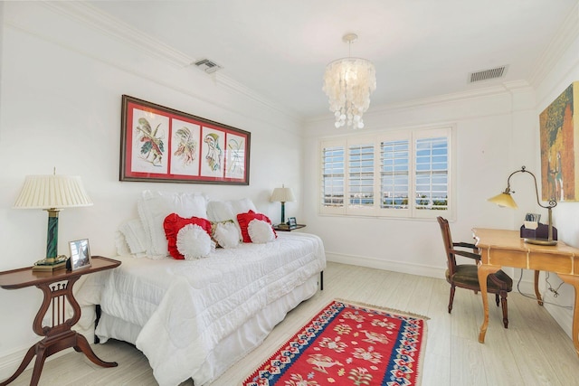 bedroom featuring crown molding, wood-type flooring, and an inviting chandelier