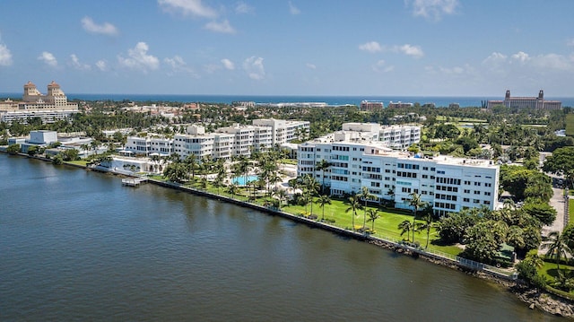 bird's eye view with a water view