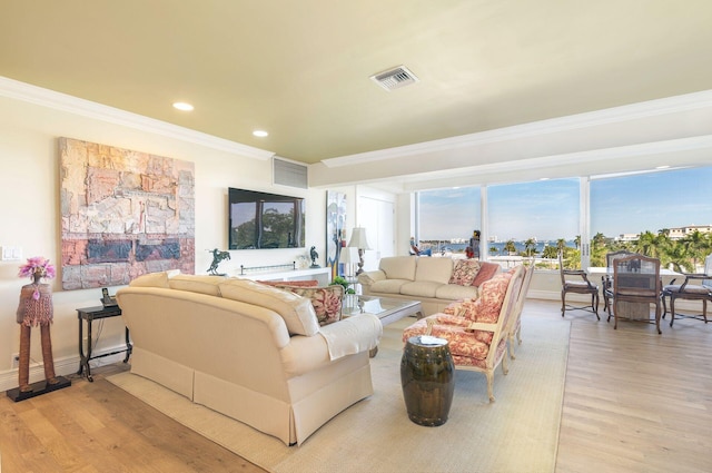 living room with crown molding and light hardwood / wood-style floors