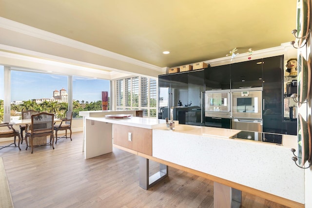 kitchen with ornamental molding and hardwood / wood-style floors