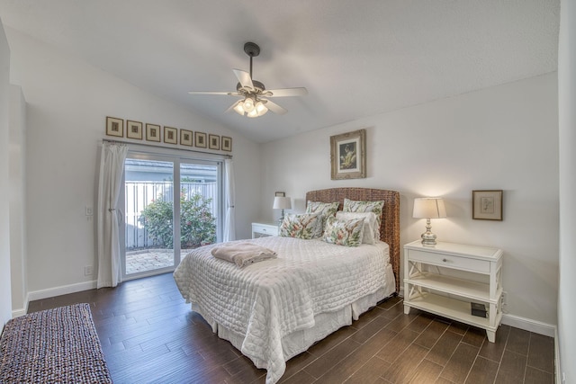 bedroom featuring ceiling fan, dark hardwood / wood-style flooring, vaulted ceiling, and access to outside