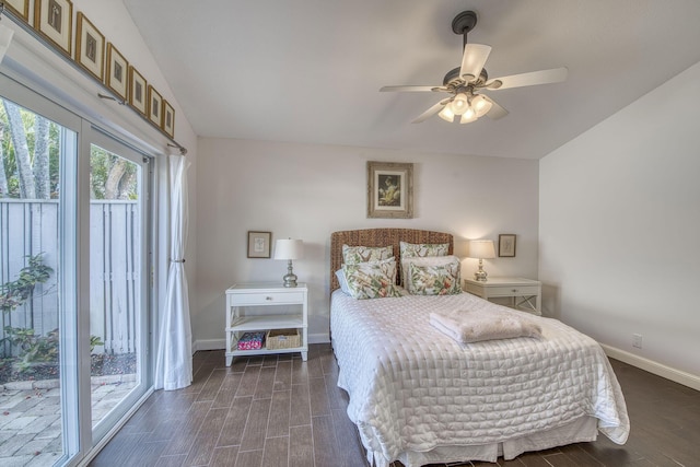 bedroom featuring access to exterior, dark wood-type flooring, and ceiling fan