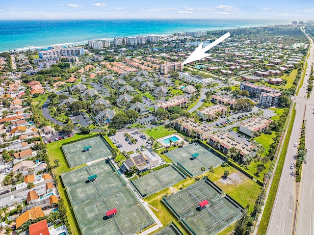 drone / aerial view featuring a water view