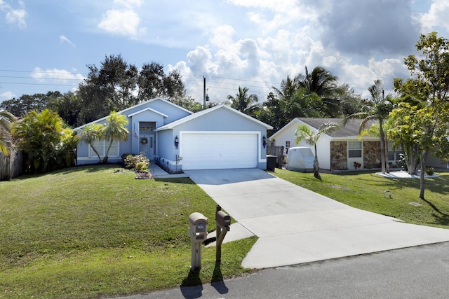 ranch-style house with a garage and a front yard