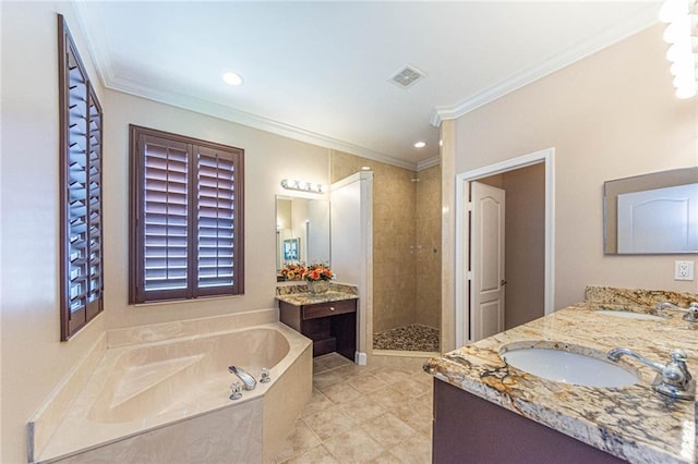 bathroom featuring independent shower and bath, vanity, and ornamental molding