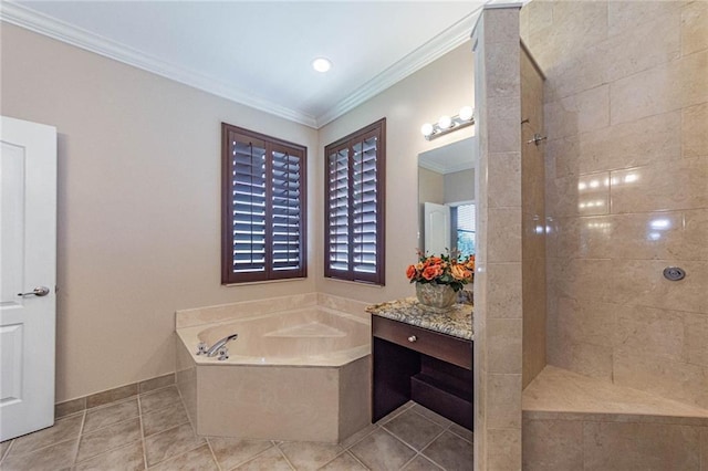 bathroom featuring vanity, tile patterned flooring, ornamental molding, and independent shower and bath