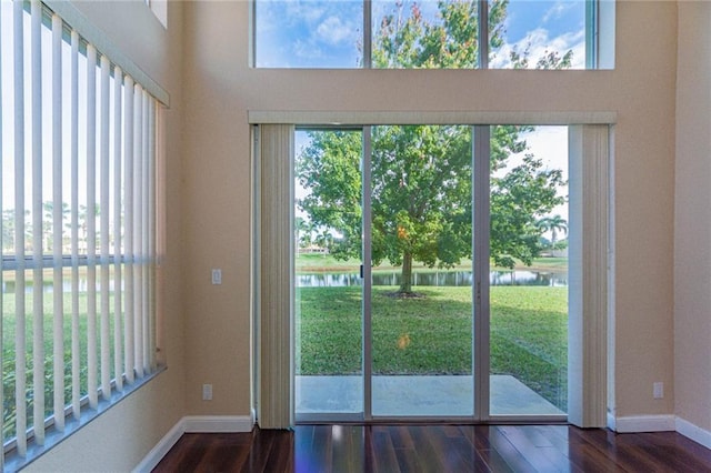 doorway with a water view and dark hardwood / wood-style floors