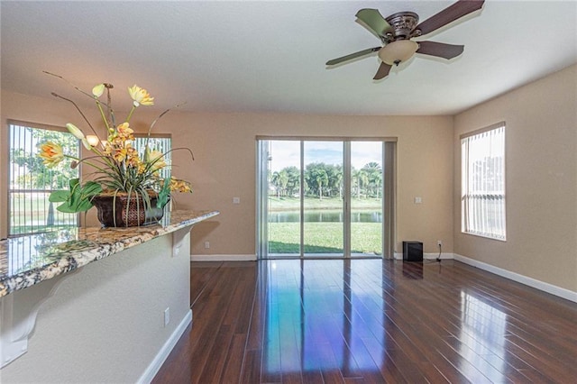 interior space featuring ceiling fan with notable chandelier and dark hardwood / wood-style floors