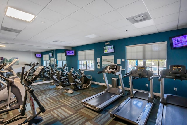 exercise room with a paneled ceiling and carpet flooring