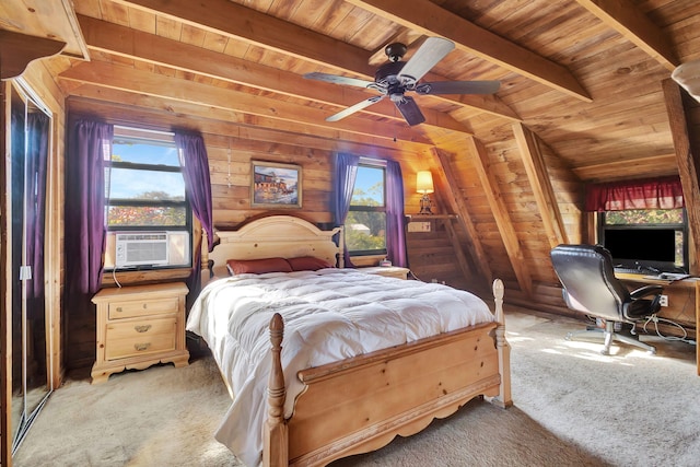 bedroom with wood walls, carpet floors, cooling unit, vaulted ceiling with beams, and wood ceiling