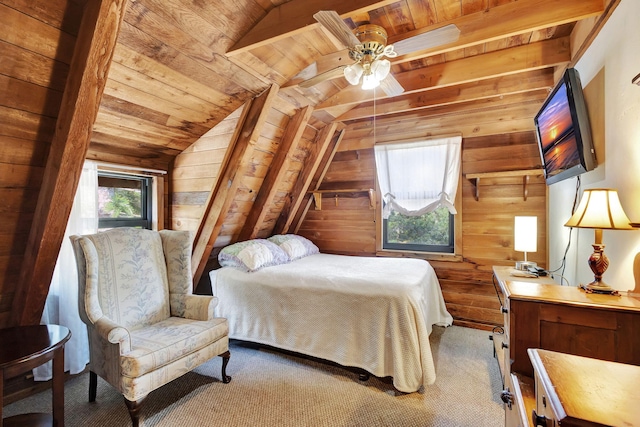 bedroom featuring carpet floors, wooden walls, vaulted ceiling, and wooden ceiling