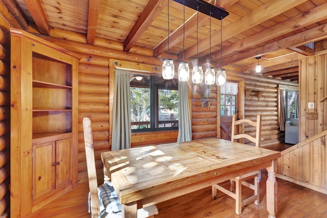 dining space with beam ceiling, hardwood / wood-style floors, wood ceiling, and rustic walls